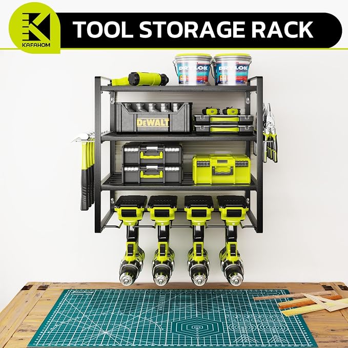 KAFAHOM Power Tool Organizer, Garage Tool Organizers and Storage,Drill Holder Wall Mount, Storage Rack for Cordless Drill, Heavy Duty Tool shelf with Screwdriver Holder/Pliers Holder/Hammer Holder