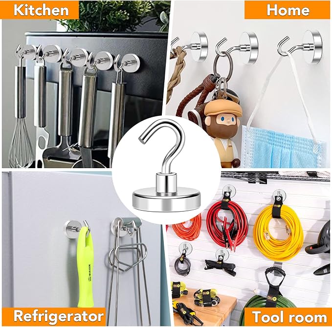 MIKEDE Magnetic Hooks Heavy Duty 170Lbs+ Super Strong Magnet Hook | Cruise Essentials Neodymium Earth Magnets with Hook for Hanging Magnetic Hanger for Fridge Toolbox Storage - 4 Pack