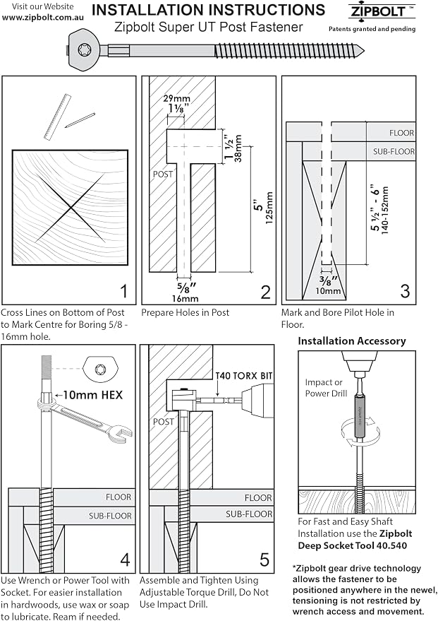 Zipbolt 14.110 Super UT Newel Post Fastener — Quick and Easy Wrench-Free Installation of Staircase Newel Posts, Anchors Post Directly to Wood or Concrete Floor
