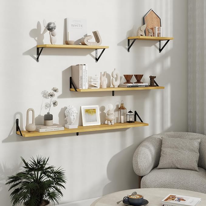 Floating Shelves 8 Inch Deep, 48W x 8D Wall Shelf Set of 2, 70 lbs Heavy Duty Reversible Metal Brackets, Industrial Book Shelf for Living Room Kitchen Bathroom Bedroom Gallery Wall, Oak