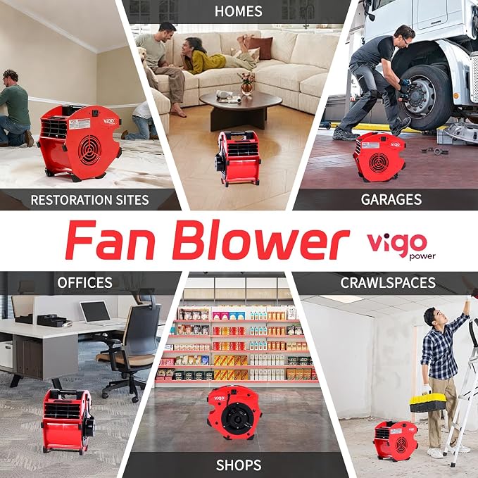1/5 HP 300 CFM High-Velocity Air Mover Floor Fan, Industrial Blower for Carpet Drying, Water Damage & Car Drying — Dual 120V Outlets, 4-Position Tilt, Variable Speed, Portable 12in ETL