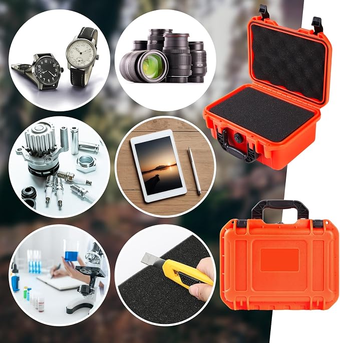 Relaxweex 1 Pcs Waterproof Hard Case with DIY Customizable Foam Insert Portable Protective Case with Knife for Camera Drones Equipments Tools Test Instruments(Reddish Orange,11.3 x 8.7 x 4.2 Inch)