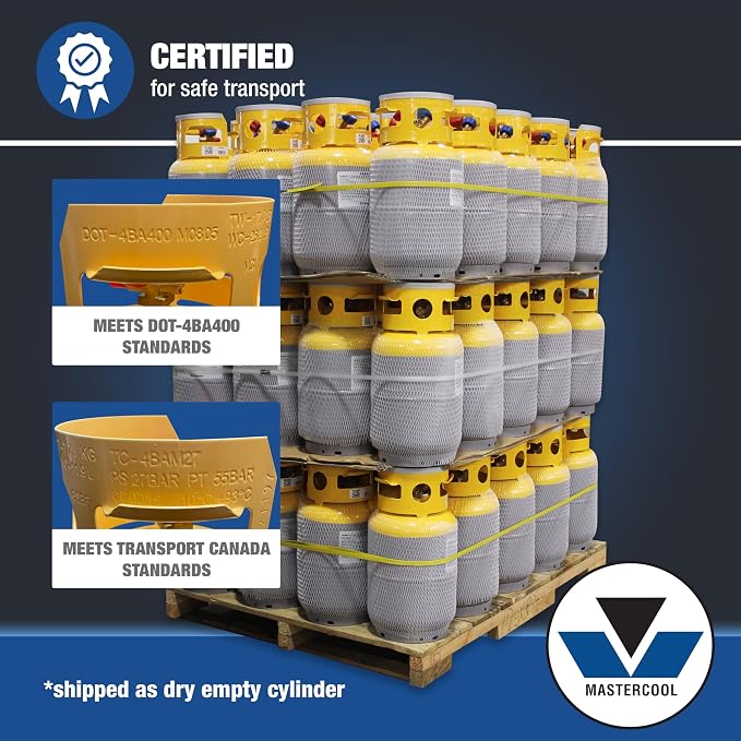 Mastercool 62010 30 lb Refrigerant Recovery Cylinder, DOT-Approved, 1/4" FL-M Connections, HP295 Steel, Yellow/Gray (No Refrigerant Included)