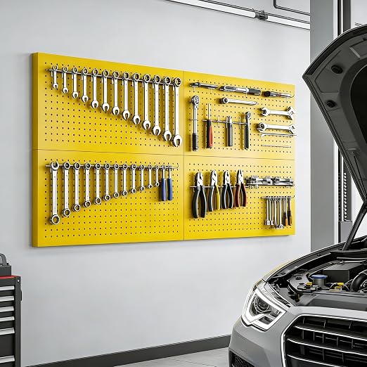Metal Peg Board Panels 4 Pack, 24" x 12", Black, Yellow | Heavy Duty Rust-Proof Wall Board Panels, Sturdy Steel Storage Pegboard for Garage, Workshop & Craft Room Organizer