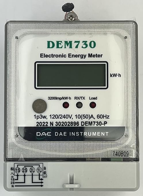 DAE DEM730P Electric kWh Submeter, RS485, 1P3W (2 Hot wire, 1 Neutral), 120/240V, 50A, Internal CT
