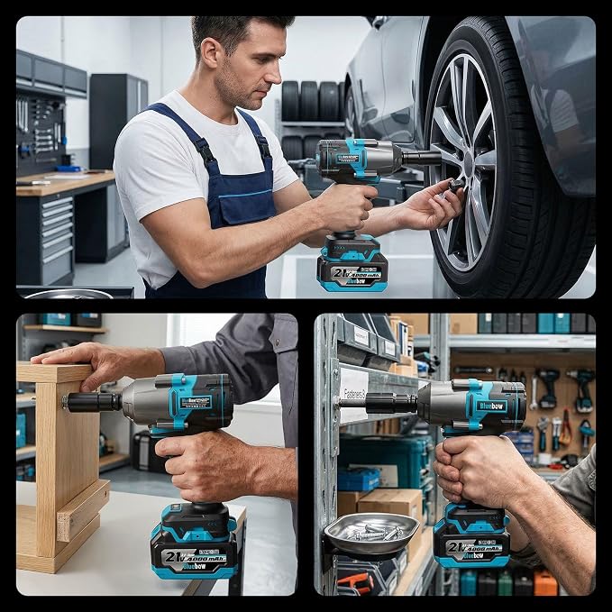 Bluebow Cordless Impact Wrench, 737.5 ft-lbs (1000 N·m) Brushless Impact Wrench with 2x4.0Ah Battery, 1/2" 3-Speed Modes Impact Gun with 4 Sockets for Pickup, Truck, Home Car