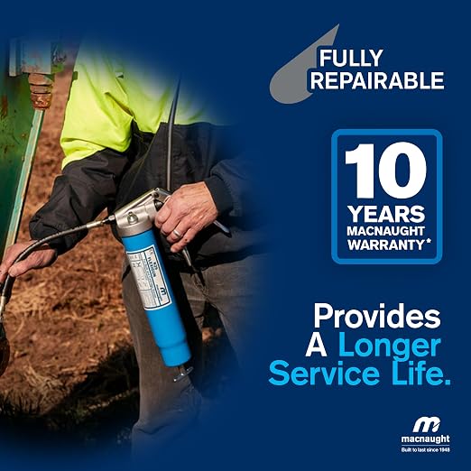 Macnaught Heavy Duty Pistol Grip Grease Gun with 10 Yr Warranty, Bulk fillable or 14oz. Cartridge. 1/8 NPT Flex Connection x 12″ Long, KY Supergrip Three-jaw high-Pressure Coupler. No Leak Connection