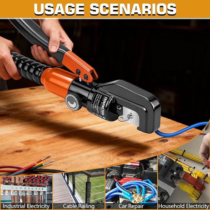 Hydraulic Crimping Tool Set with Cable Cutter, 10 Tons Battery Cable Crimper Tool with 12 AWG to 00 (2/0), Terminal Cable Wire Tool Kit with 9 Die (12awg~00awg Crimping Tool), Orange