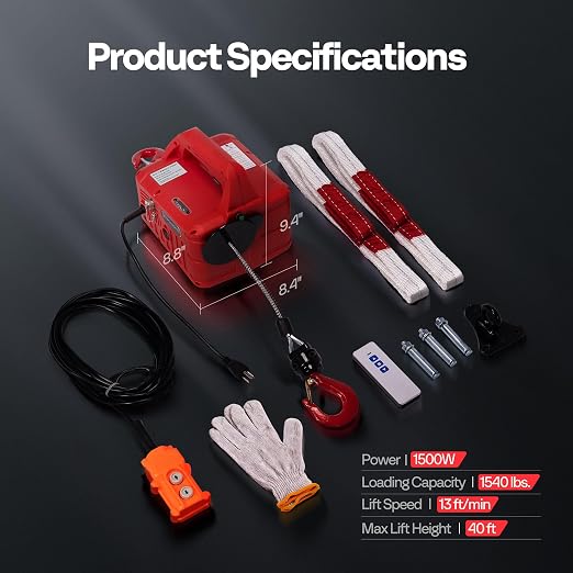 VIVOHOME 3-in-1 Electric Hoist Winch 1540lbs, 110V Portable Power Winch Crane with Wire and Wireless Remote Control, 40ft Lifting Height for Towing, Overload Protection for Garage, Factory, Warehouse
