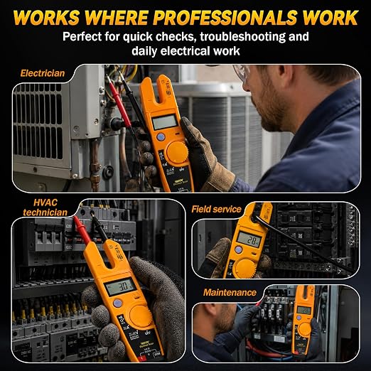 T5-1000 Electrical Tester Replacement for Fluke T5-1000 Meter, 1000V AC Voltage, Current & Continuity Tester with Open Slot Current Measurement, Thin Probes, Auto Range Meter for Electricians
