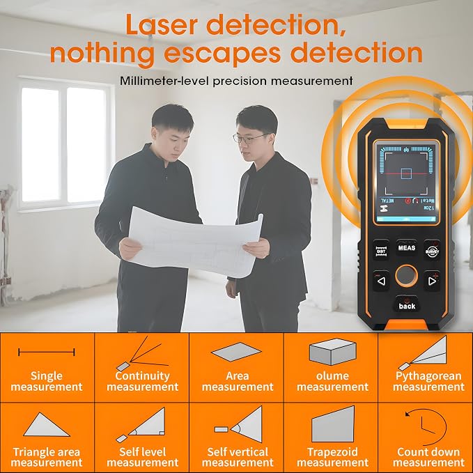Stud Finder Wall Scanner, 5-in-1 Wall Detector with Laser Measure, Stud Locator with Smart Sensor, LCD Display and Voice, ±0.1° Digital Level, Digital Laser Distance Meter 40M/130ft