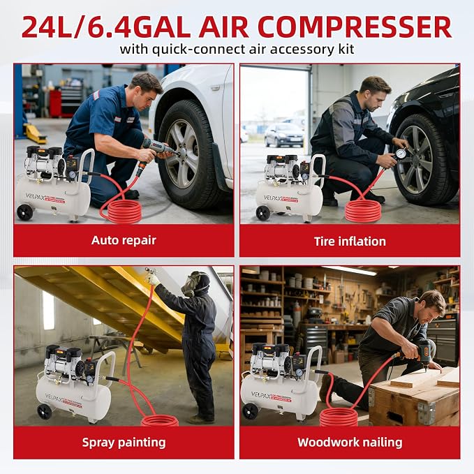 Ultra Quiet Air Compressor, Only 60dB, 6.4 Gallon Tank, Oil-Free, 110V/60Hz 2HP, 6.71CFM@115PSI, Air Compressor Perfect for Spray Painting, Auto Repair, Tire inflation, Woodwork nailing