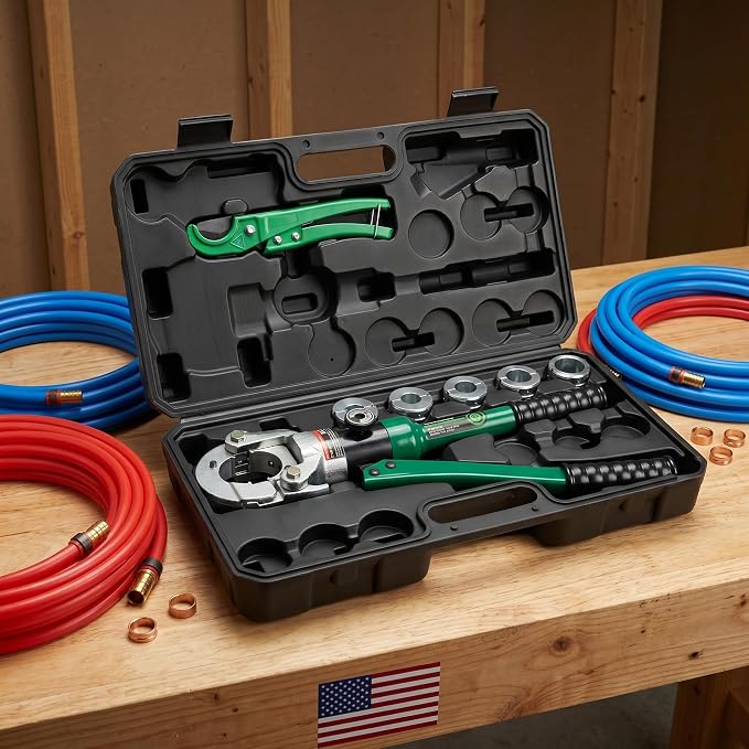 Pex Pipe Crimping Tool kit for 3/8,1/2,5/8,3/4,1-inch Copper Ring with Free Gauge Pex Pipe Cutter -Meet ASTM F1807 and Portable (SL-1632-F1807)