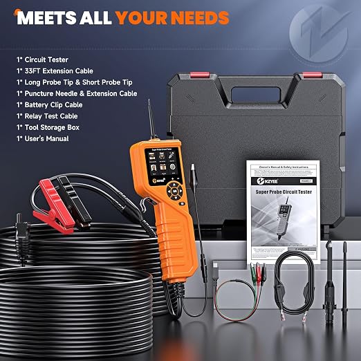 KZYEE KM601 Power Circuit Probe Kit, 12V-24V Automotive Circuit Tester with Fuel Injector, Battery Test, Multimeter, Oscilloscope, Short Circuit Finder, Component Activator, Current Probe, 30FT Cable