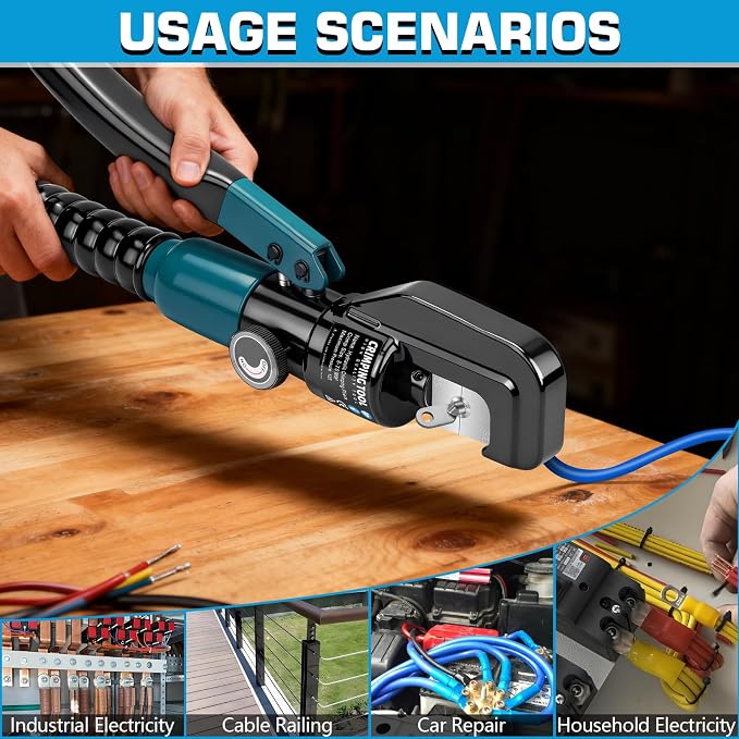 Hydraulic Crimping Tool Set with Cable Cutter, 10 Tons Battery Cable Crimper Tool with 12 AWG to 00 (2/0), Terminal Cable Wire Tool Kit with 9 Die (12awg~00awg Crimping Tool) Blue