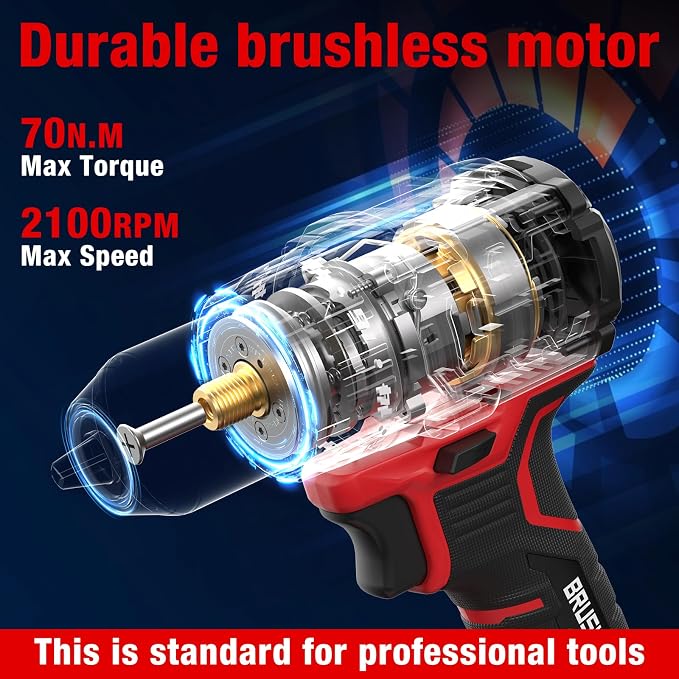 Brushless Power Drill Cordless,with battery and charger 70 N.m | 20V Electric drill cordless set 10 batches and storage bag 13 twist drills and storage bag,18+1 Position & 2100 RPM