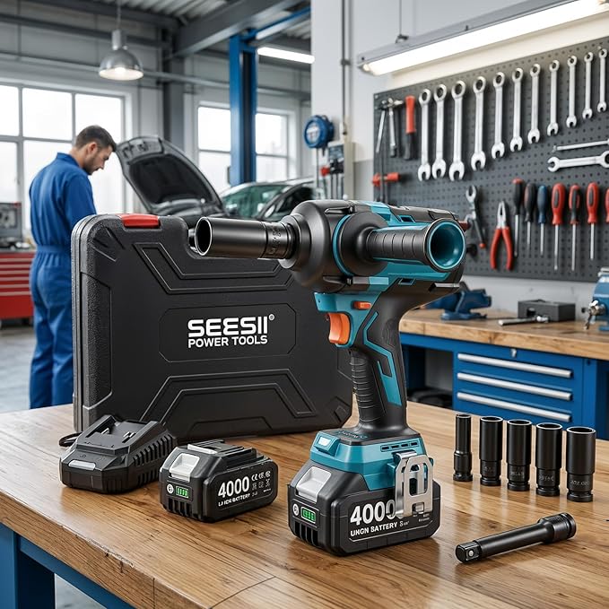SEESII Upgraded Impact Wrench 1180 Ft-lbs (1600 N·m): 1/2" High-Torque Impact Gun with Detachable Side Handle, 21V Cordless Impact Driver 2x 4.0Ah Batteries for Car/Pickup Truck/Mower/Industrial Tasks