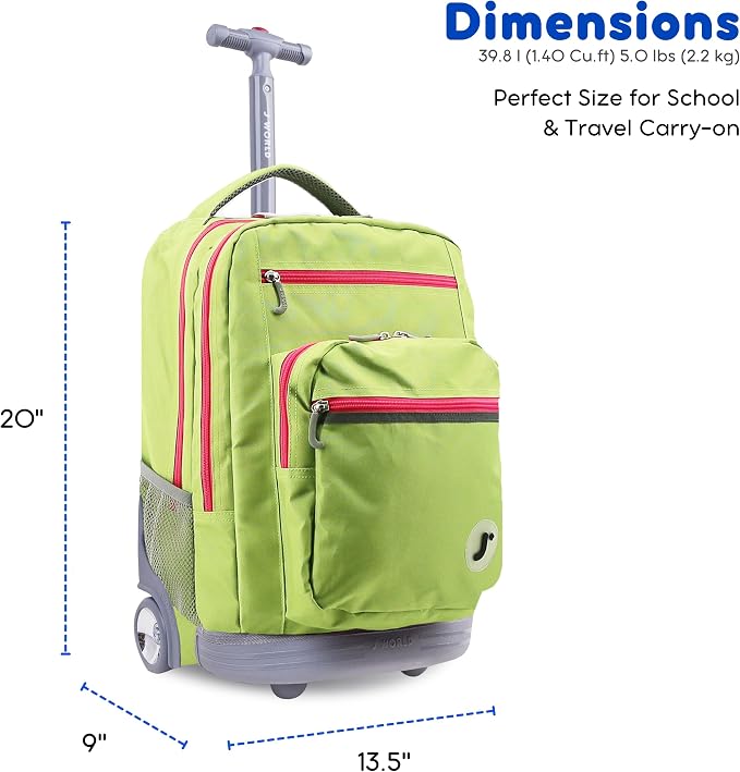 J World Sundance Laptop Rolling Backpack for Girls Boys. Roller Bookbag with Wheels, 20 Inch, Celery