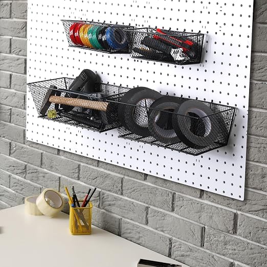Sieral 4 Pcs Pegboard Baskets Metal Wire Shelf Baskets Peg Board Organizer Accessories Wall Mount Organizer Attachments for Garage Workbench Various Tool Accessories, 2 Sizes (Black,Large)