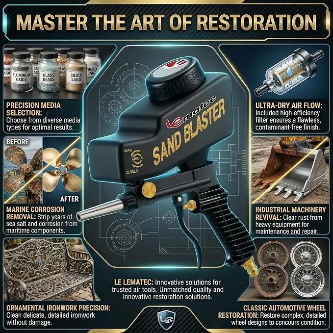LE LEMATEC Portable Sand Blaster Gun Kit, Pneumatic Tool for Rust Removal | Glass etching, paint stripping, surface prep, deburring, steel nozzle, gravity feed, 90 PSI, model AS118