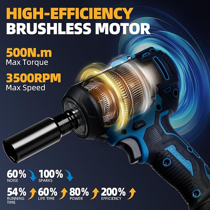500N.m Brushless Cordless 1/2" Impact Wrench 3500RPM 21V Tool | 21V battery, 4000mAh battery, fast charger, LED work light, 7 sockets, 6 drill bits, 6 screwdrivers, waist hook, storage case