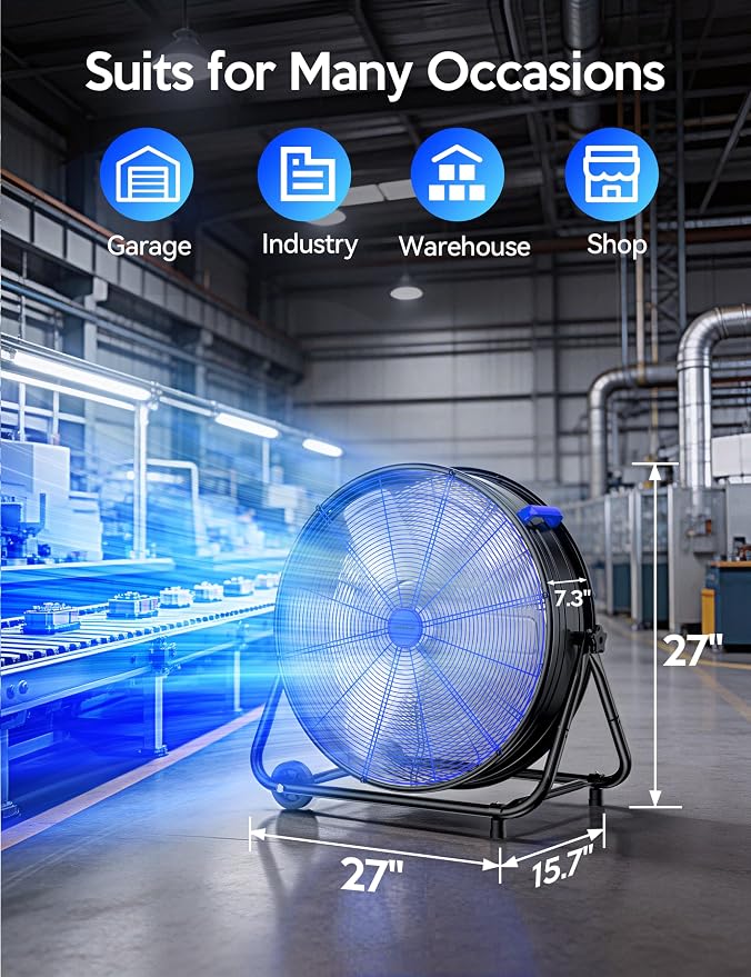 VAGKRI 24 Inch Industrial Drum Fan, 320W High Velocity Floor Fan, 3 Speed Heavy Duty Metal Air Circulator, 360° Tilt with Casters Handle ETL Standard for Patios, Warehouse, Basement,Commercial,(Blue)