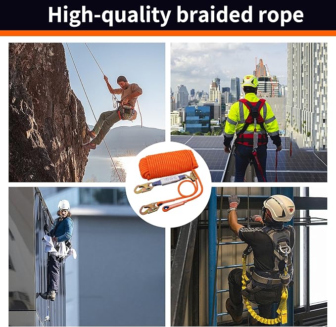 Fall Protection Safety Rope 150ft Heavy Duty Vertical Roofing Grab Snap Hook Shock Absorber Fall Protection Line Kit Restraint System Roofing Safety Equipment(150ft)