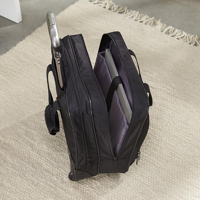Amazon Basics 15.6" Rolling Laptop Bag for Travel and Business, Briefcase with Wheels, Adjustable Locking Handle, Black