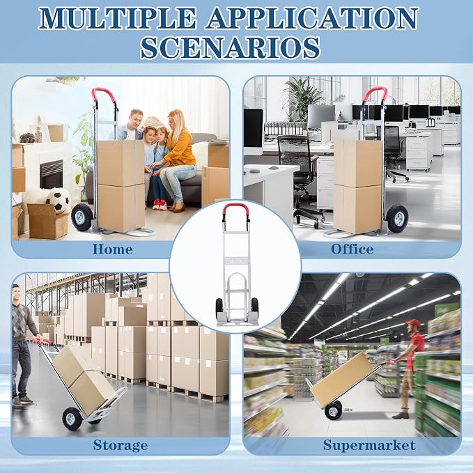 Aluminum Alloy Hand Truck with U-Shaped Handle, 2 Rubber Wheels, 600 lb Capacity, Ext endable Base Plate - Suitable for Warehouse, Office, Home & Multiple Usage Scenarios