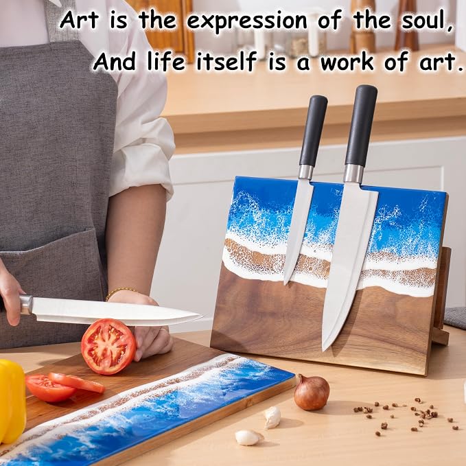 Magnetic Knife Holder Stand Acacia Wood Resin Knives Block Holder with Unique Ocean Wave Resin Design & Dish Holder for up to 9″ Knives Kitchen Storage Solution Chef Gift (Without Knives)
