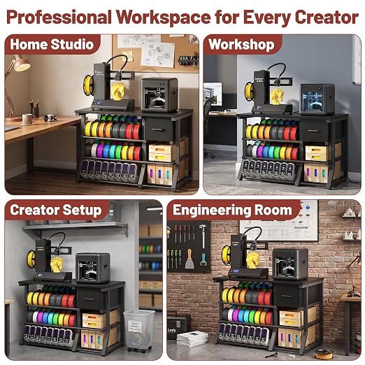 3D Printer Workstation with Power Outlet & Filament Storage, Heavy Duty 4-Tier 3D Printer Stand with Drawer, X-Bracket Stability, Large 39.4” 3D Printing Desk for Workshop, Studio, Office