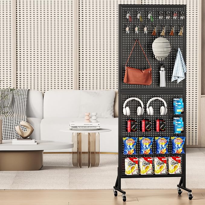Folews 24″ x 70″ Pegboard Display Stand, Freestanding Metal Peg Board Display with 30 Hooks & Wheels Portable Standing Pegboard Rack for Vendor Retail Craft Show Fair Garage DIY, Black
