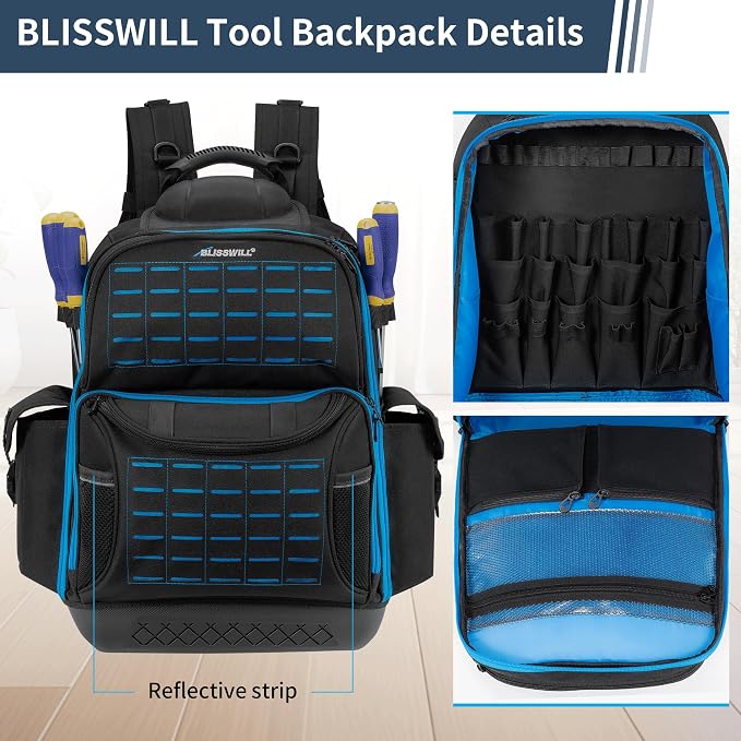 BLISSWILL Tool Bag Backpack for men,Heavy Duty Tool Backpack Bag with Waterproof Molded Base,62 Pockets/40 Loops Heavy Duty Tools Organizer Bags/Electrician/Industrial/Construction Work Backpack