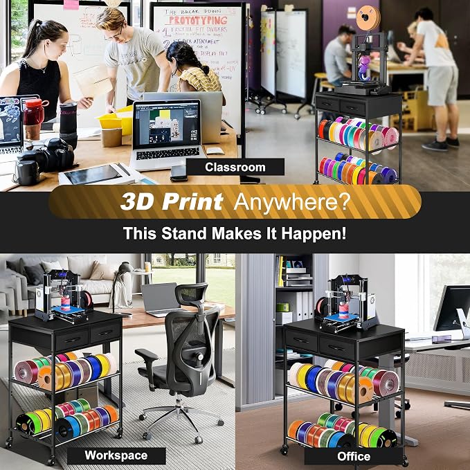 3D Printer Filament Storage Rack with Drawers, 3Tier Metal Filament Spool Holder with Wheels, 3D Printer Filament Stand for PLA/ABS/TPU/Nylon, Filaments Organzied for Workshop Studio Office, Black
