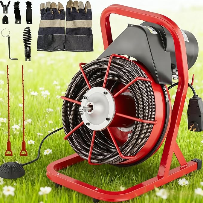 Drain Cleaner Machine, 75FT x 1/2 Inches Electric Drain Snake, 370W Auto Feed Sewer Snake Auger, Sewer Snake with 4 Cutters and Pneumatic Foot Switch, for 1" to 4" Pipes, High Armrests for Sinks