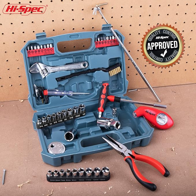 Hi-Spec 65pc Compact Auto Garage Tool Kit Set with Digital Tire Pressure Gauge. Essential Car Vehicle Repair Tools in a Toolbox Case of Screwdrivers, Sockets, Wrench and Magnetic Pickup