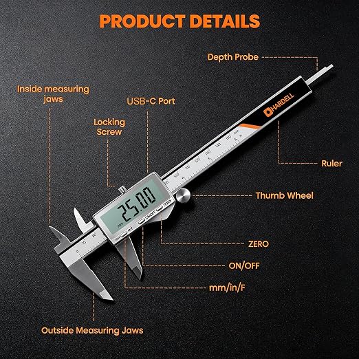 HARDELL Digital Caliper 12"/300mm, Rechargeable Stainless Steel Micrometer, Large LCD Inch/MM/Fraction, Auto-Off, Electronic Measuring Tool for Machinist Woodworking 3D Printing DIY Household
