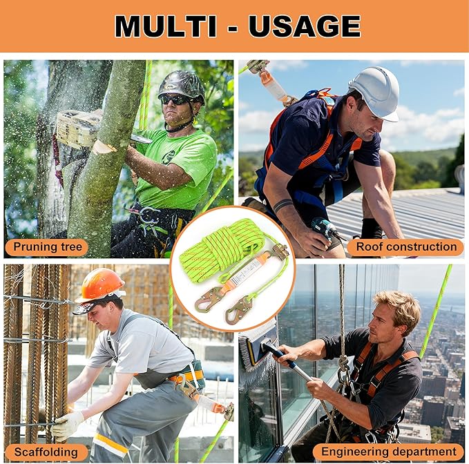 Rope Harness Safety Lanyard 50FT Fall Protection Vertical Roofing Rope | 50FT Anti-fall Safety Rope with Grab Snap Hooks, Shock Absorber, Heavy Duty Vertical Roofing Rope, Tree Climbing Line Kit