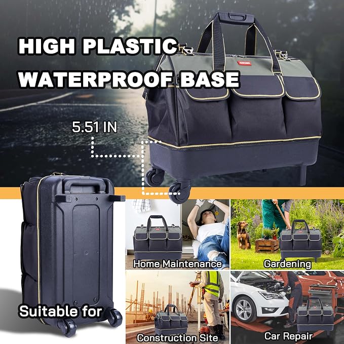 rolling tool bag with wheels for Electrician HVAC Tool Bag Organizer ,Hidden pull rod, plastic bottom, lightweight