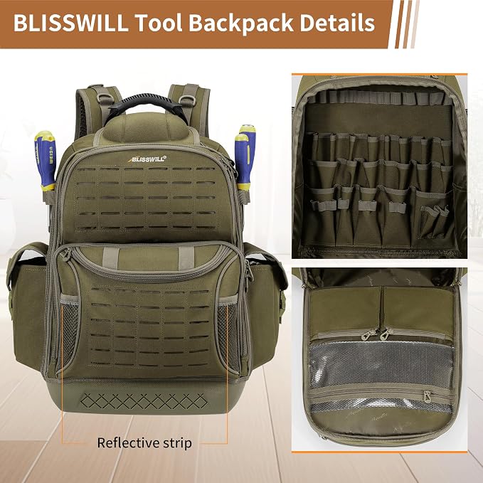 BLISSWILL Tool Bag Backpack for men,Heavy Duty Tool Backpack Bag with Waterproof Molded Base,62 Pockets/40 Loops Heavy Duty Tools Organizer Bags/Electrician/Industrial/Construction Work Backpack