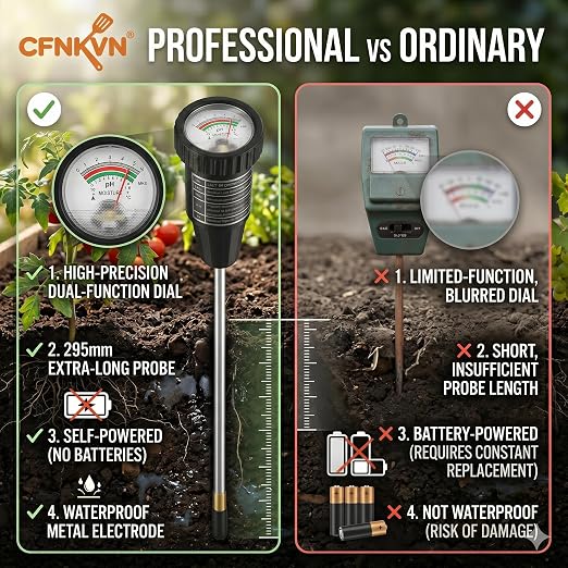 Soil PH Meter & Soil Moisture Meter - 295mm Long Metal Probe Soil Tester for Acidity and Moisture, Self-Powered Plant Water Sensor for Garden, Lawn, Farm, Indoor & Outdoor Use
