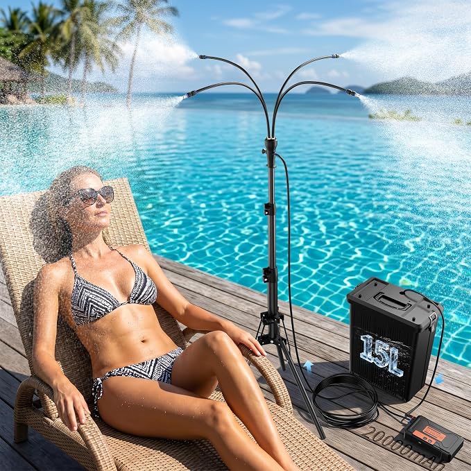 WESTTREE Standing Misters for Outside Patio, 4 Gallon Large Bucket Water Mister & Pump, 4+4 Spray Modes,Adjustable Height15FT Patio Portable Misters for Cooling Outdoor Camping Pool Backyard Garden