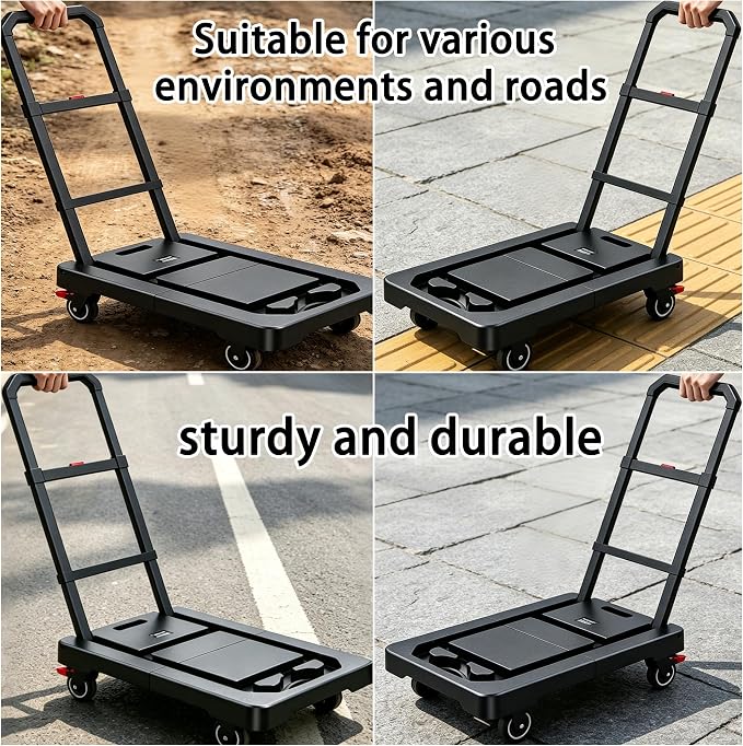 SPACELEAD Folding Hand Truck, Heavy-Duty Platform Truck with 330 Lbs Capacity, Collapsible Dolly Cart with 360° Silent Wheels & Telescopic Handle, Portable Moving Cart for Luggage & Office, Black