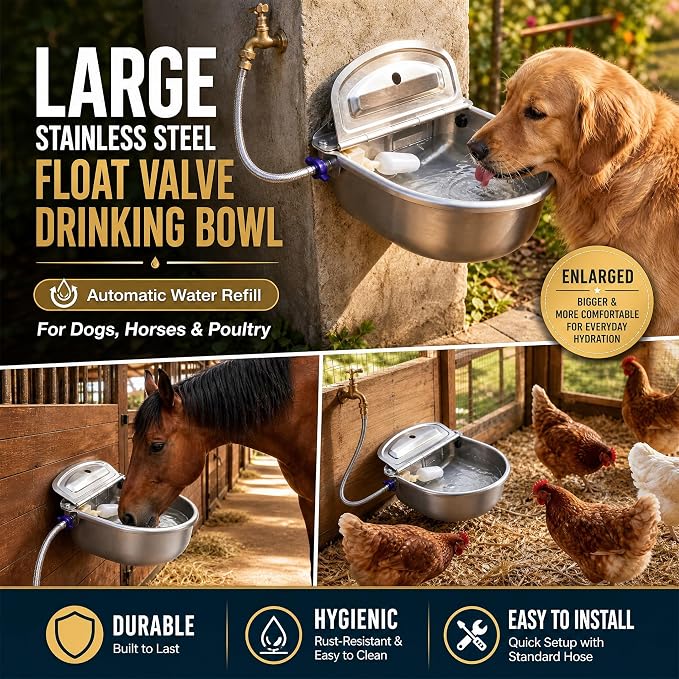 Tessco for you 2 Pack 4.5l/1.2 Gallon/152 oz Large Automatic Livestock Water Bowl, Stainless Steel Horse Waterer Dispenser with Float Valve, Automatic Animal Waterer for Dog Pig Cattle Dog Goat Farm