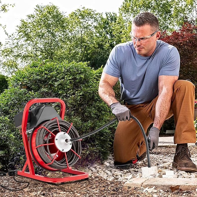 Drain Cleaner Machine 75FT x 1/2 Inch, Sewer Snake Auger Manual Feed, 400W Sewer Snake Auger with 6 Cutters & Foot Switch for 1 in to 4 in Pipes, Heavy Duty Sewer Auger for Sinks, Toilets, Showers