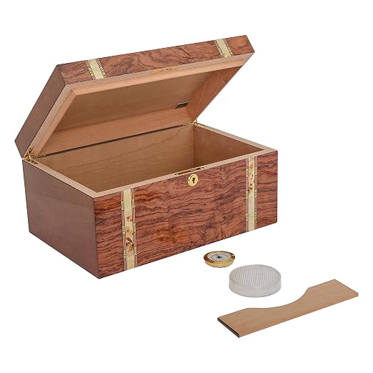 Desktop Cigar Handcrafted Bubinga Wood Mapa Burl Decorative Wood Inlay Glass Hygrometer Lock & Key Spanish Cedar Lined, Holds 75-140 Cigars (Zurich)