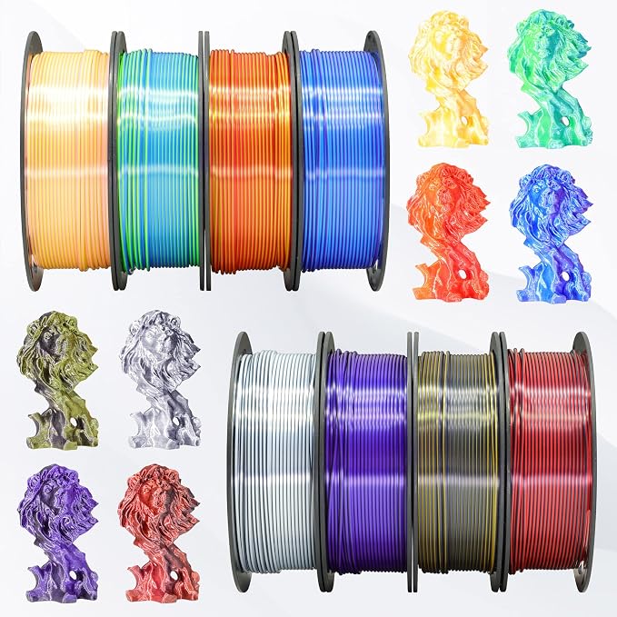 BBLIFE 8 Spools Dual Color Silk PLA 3D Printer Filament Bundle, Silk Purple Gold White Red/Black, Purple/Blue, Red/Gold, Green/Blue, Yellow/Pink, 1.75mm Bicolor Silk PLA 250gX8