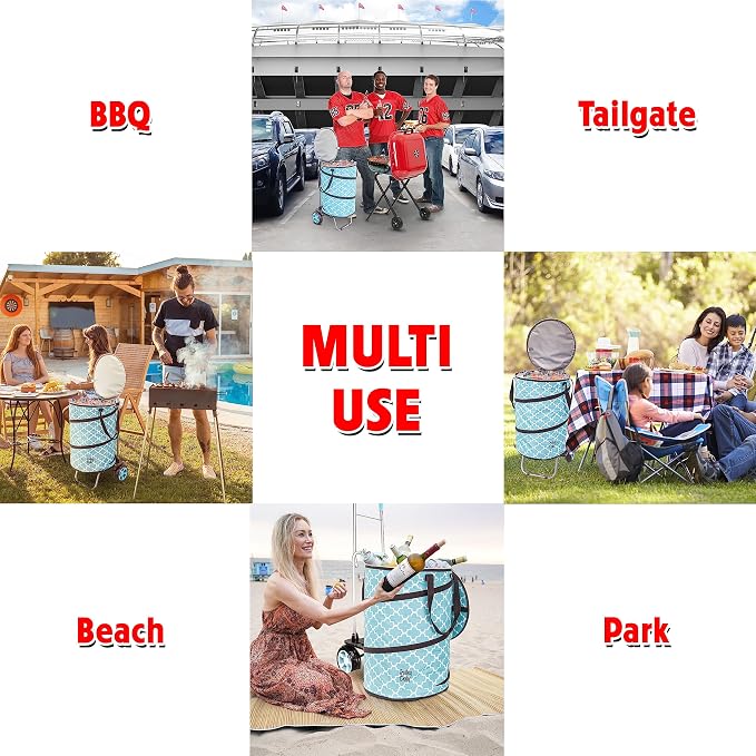 Bigger Cooler Trolley Dolly Insulated Folding Shopping Cart with Removable Bag Rolling Beach Tote Cooler with Wheels Pop Up Golf, Turquoise