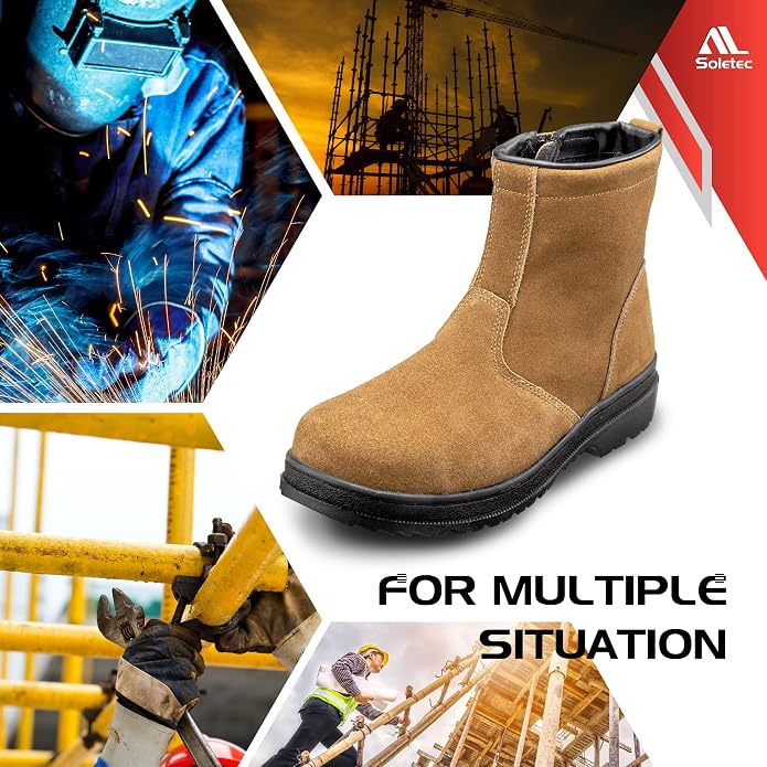 Steel Toe Work Boots, Chelsea Boots, Industrial & Construction Safety Shoes, Oil Resistant Outsole, Steel Plate Side Zip, for Men& Women, 7.5 Inch