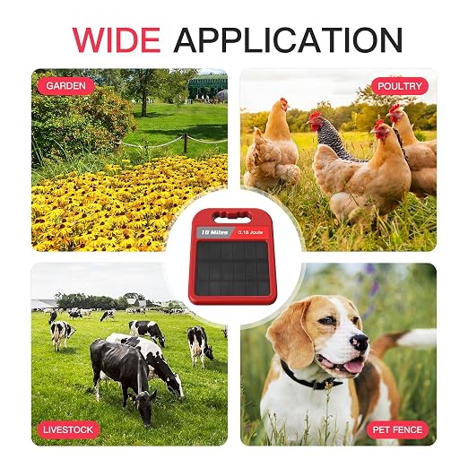 10 Mile Solar Fence Charger 0.18J Electric Fence Energizer with Day Night Mode 24-Hour Protection Red